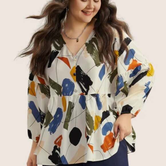 Women's 22 PLUS Ivory Brush Print Button Detail Elastic Cuffs Curvy Blouse - Picture 6 of 7